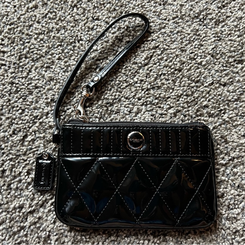 Coach Quilted Black Patent Leather Wristlet
